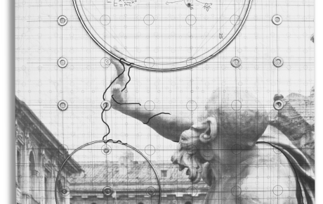 Teoria del tutto, 2025, tecnica mista, disegno, fotografia, pittura, acciaio su tela pregiata 50 x 70 cm