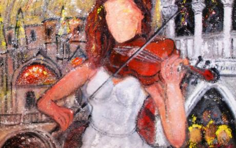 Violinista in San Marco Venezia, 2021, olio e oro su tela sabbiata 50x70 cm