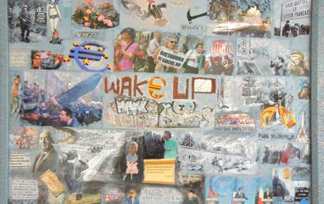 Wake up, 2012, olio su tela e collage 70 x 50 cm